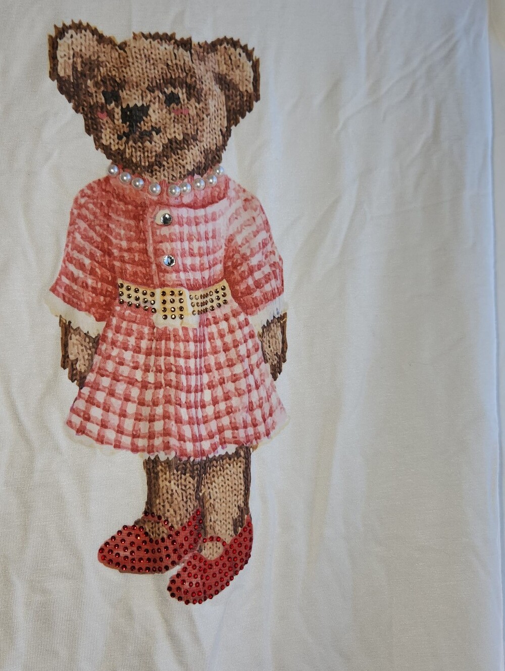 Cute Cyrus White Tee W/ Teddy Bear Wearing Pearls & Rhinestones. L - Picture 2 of 8